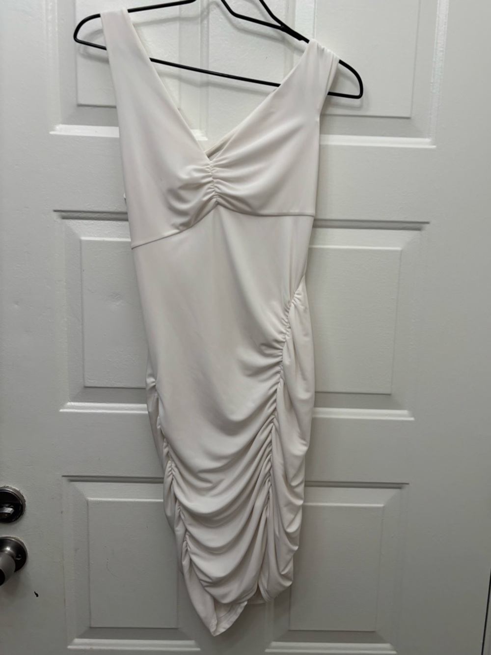 Reformation Cream Ruched V-Neck Midi Dress